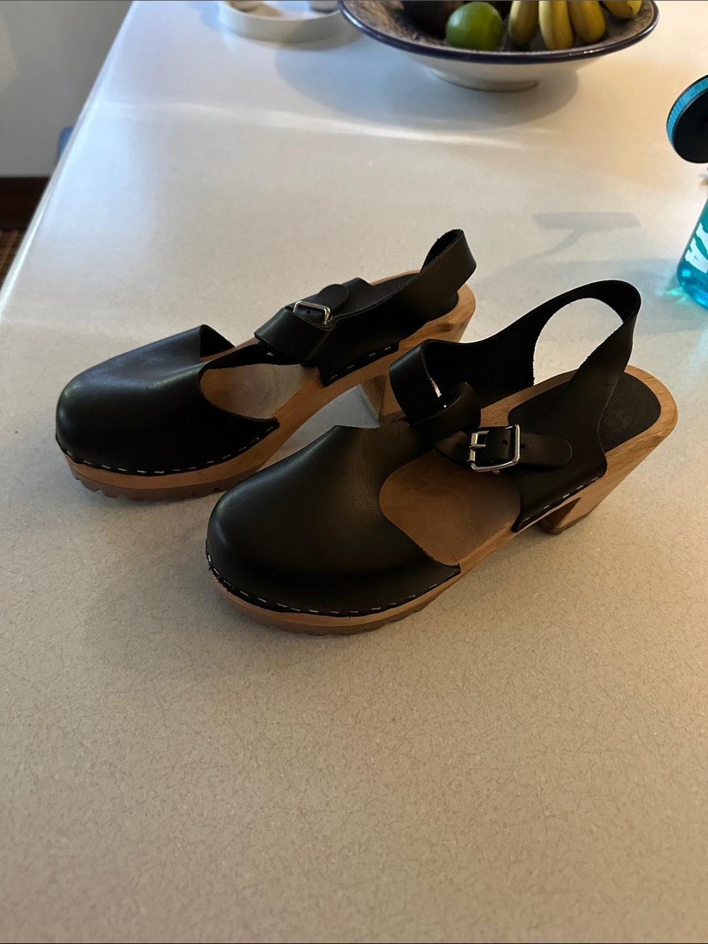 MIA Black Leather Slingback Clog Sandals with Wood Sole
